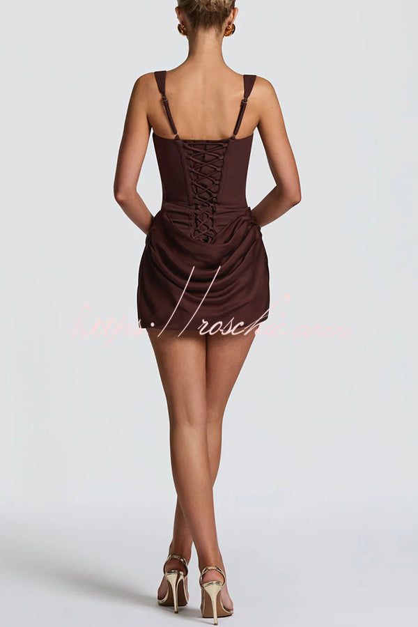 Cornelia Square Neck Back Lace-up Satin Drape Hem Mini Dress