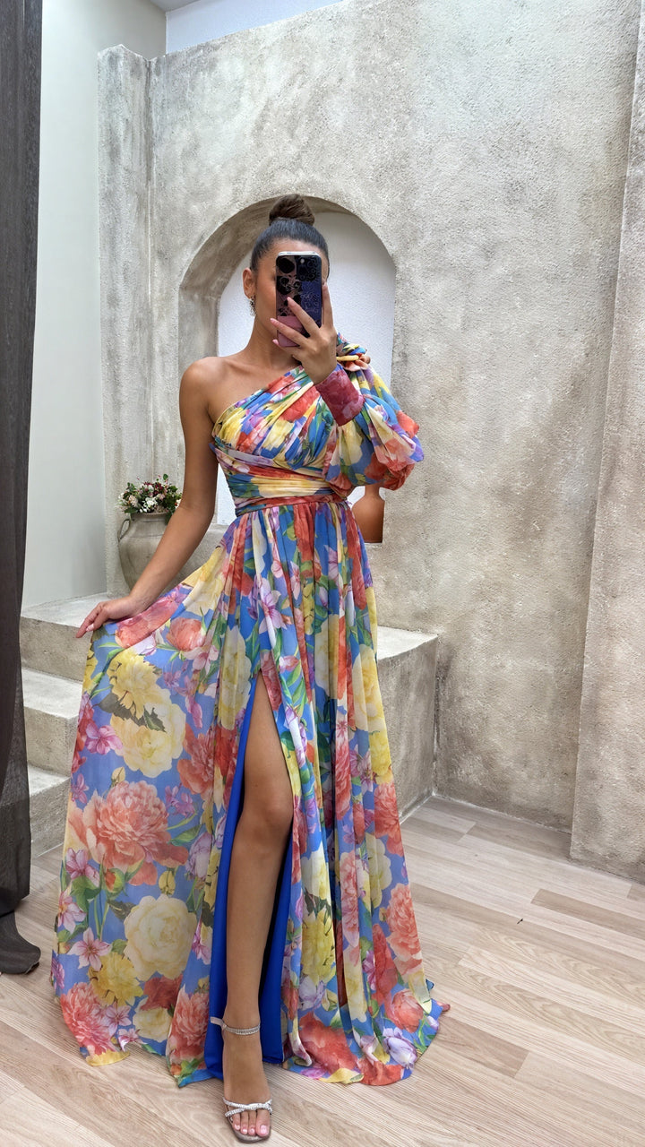 One-Shoulder Dress with Floral Print and Elegant Slit, view 4 - Elena Harper