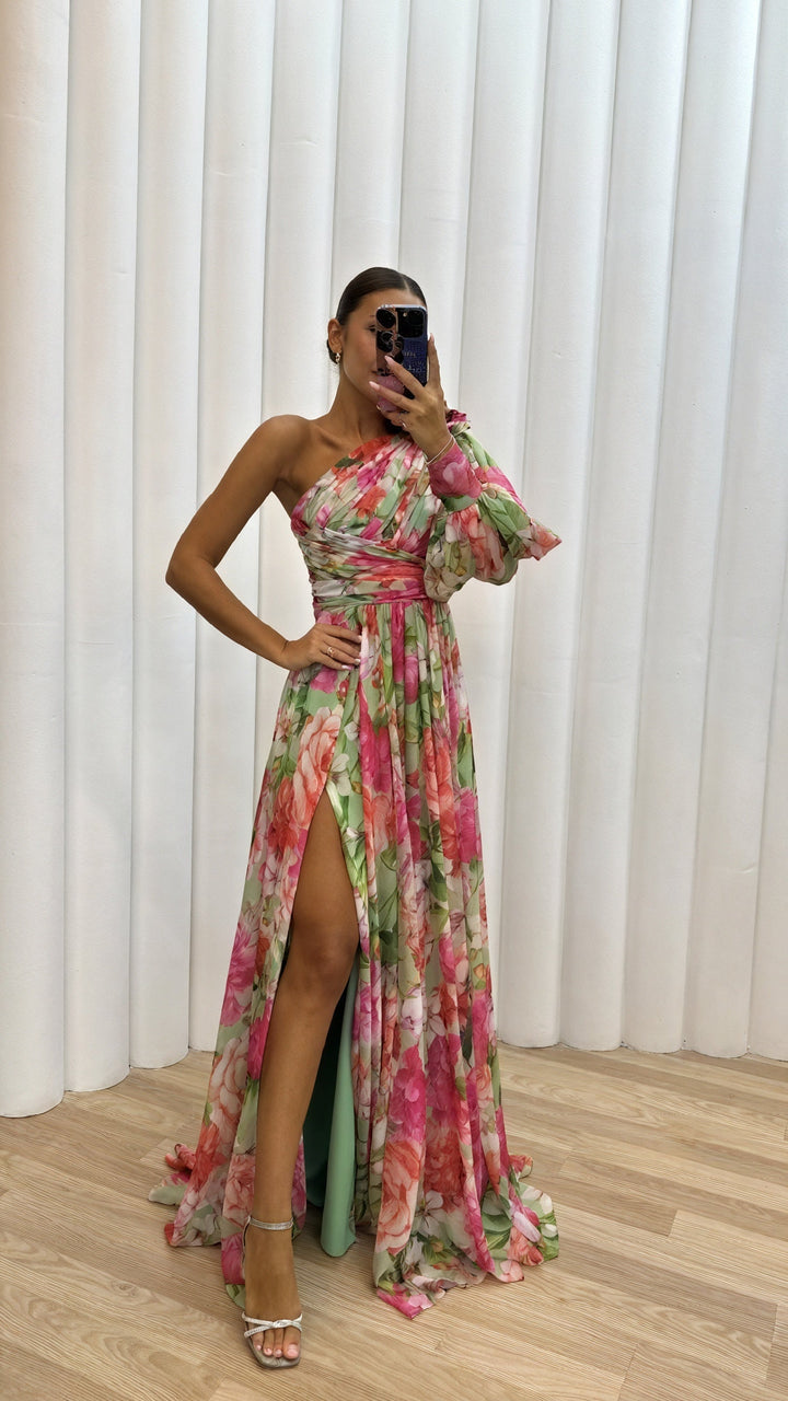 One-Shoulder Dress with Floral Print and Elegant Slit, view 6 - Elena Harper