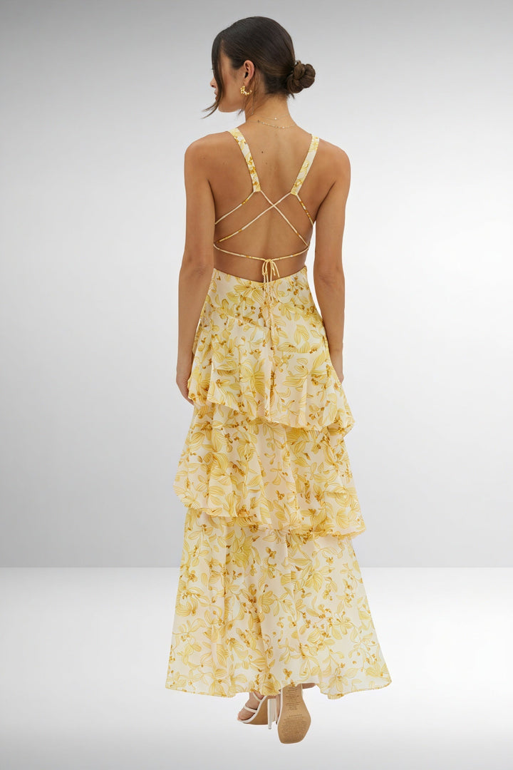 Floral print dress with deep V-neck by Emma & Rose Cape Town, featuring a flowy fabric and vibrant flower pattern.