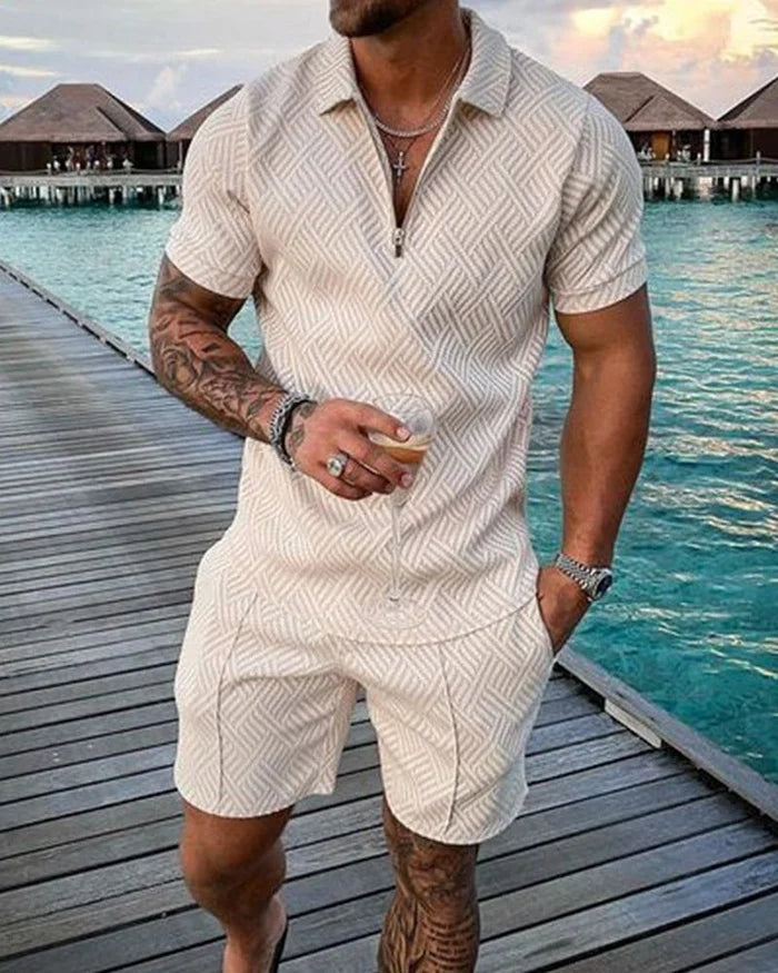 Elias | Lapel Cream Polo Shirt & Shorts Set