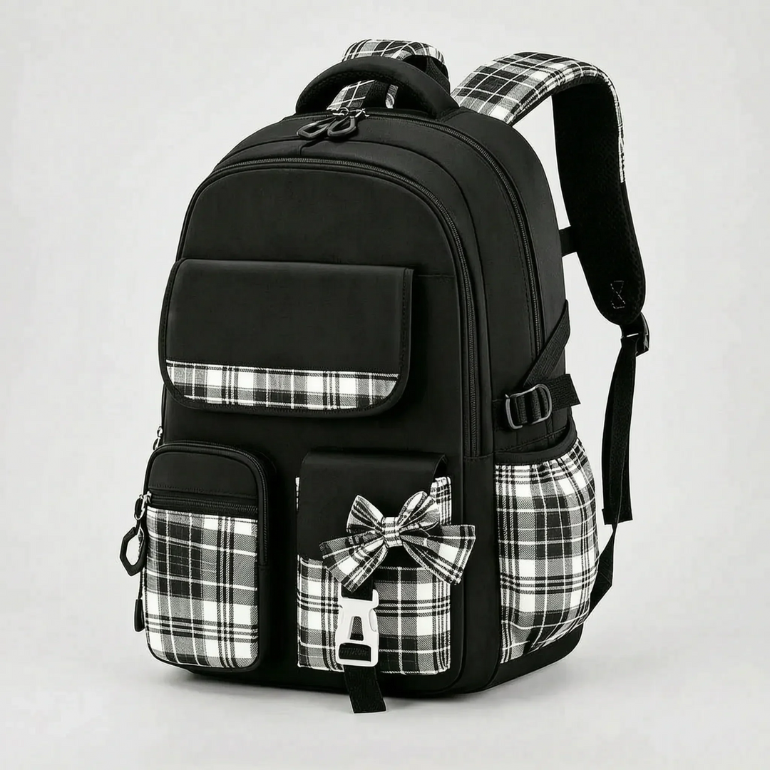 Checkered School Backpack Water-Resistant with Padded Shoulder Straps