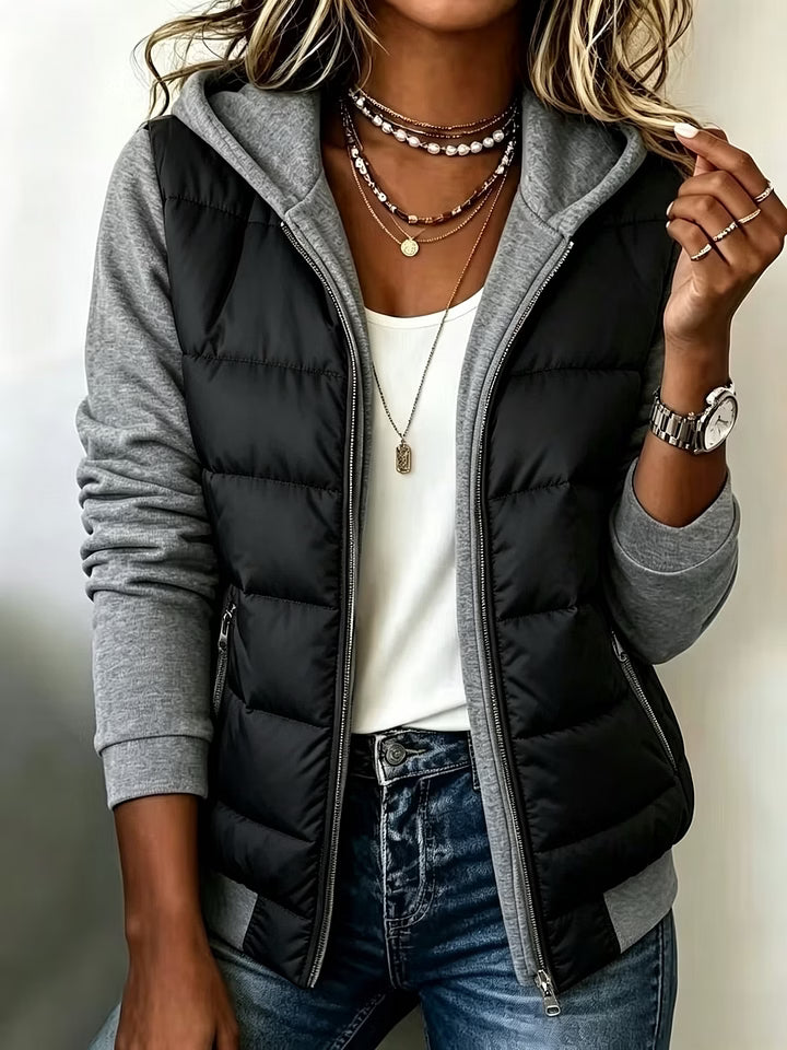Women's Quilted Jacket with Hood and Contrast Sleeves