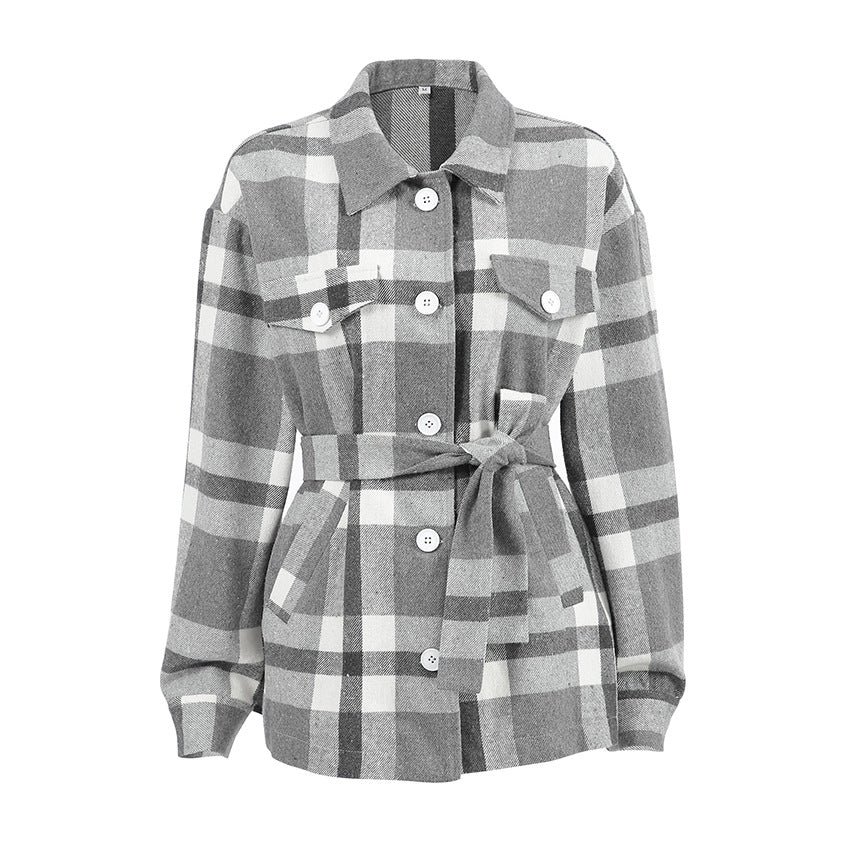Women's Checkered Coat with Wide Tie Collar - Chic and Warm