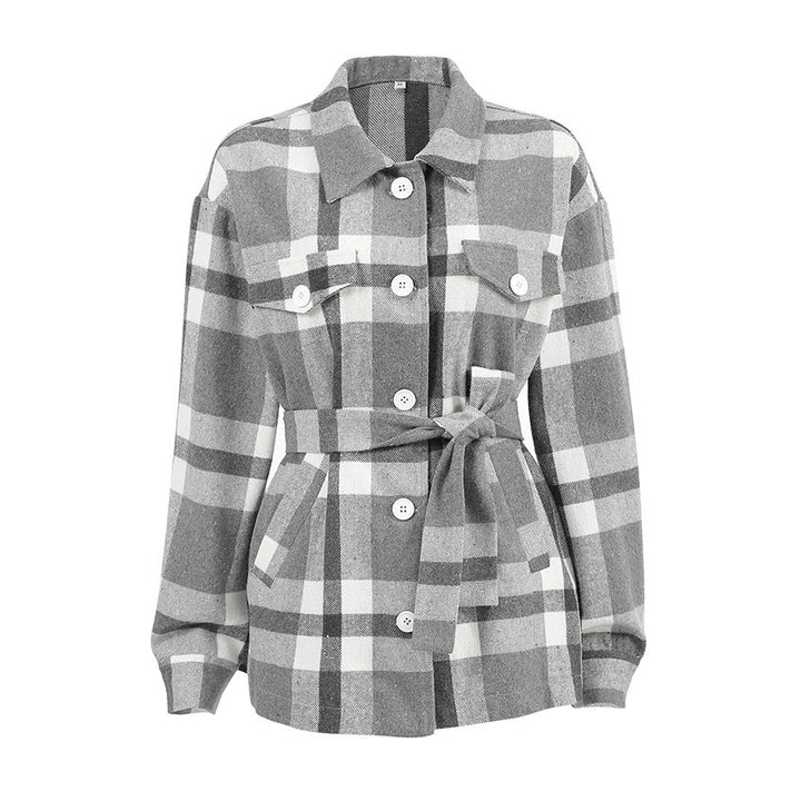 Women's Checkered Coat with Wide Tie Collar - Chic and Warm