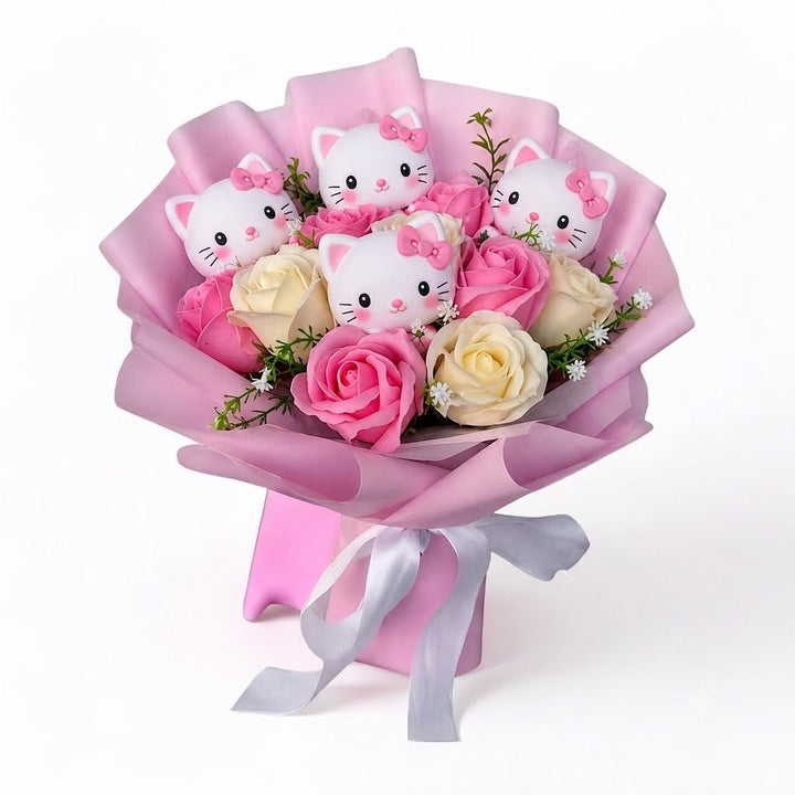 Colourful Synthetic Flower Bouquet With Kitty Figurines For Gifts And Decoration, view 2 - Elena Harper