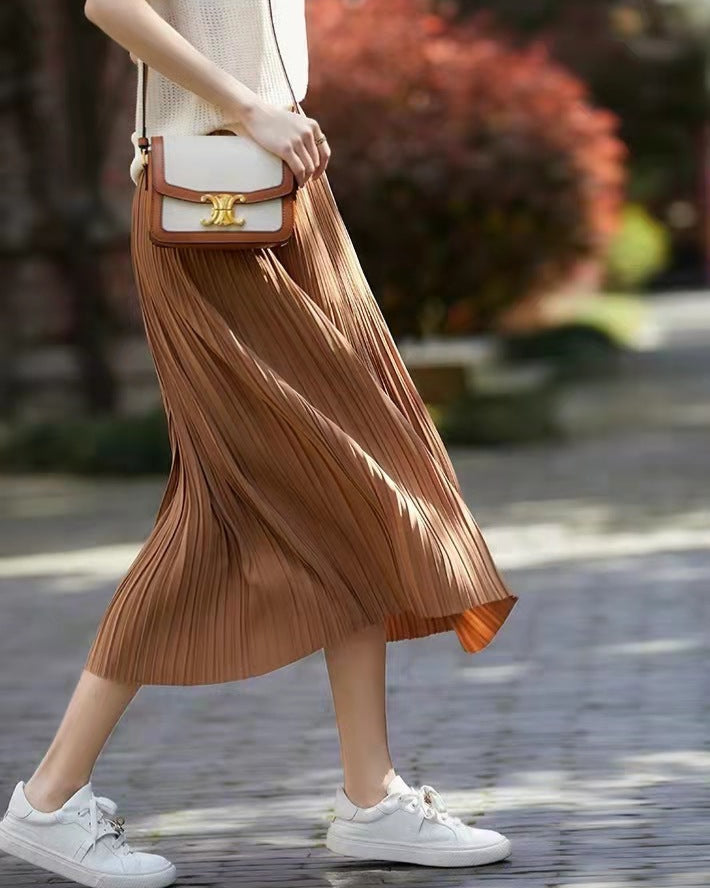 Mid-Length Pleated Skirt in Solid Color | Perfect for Autumn