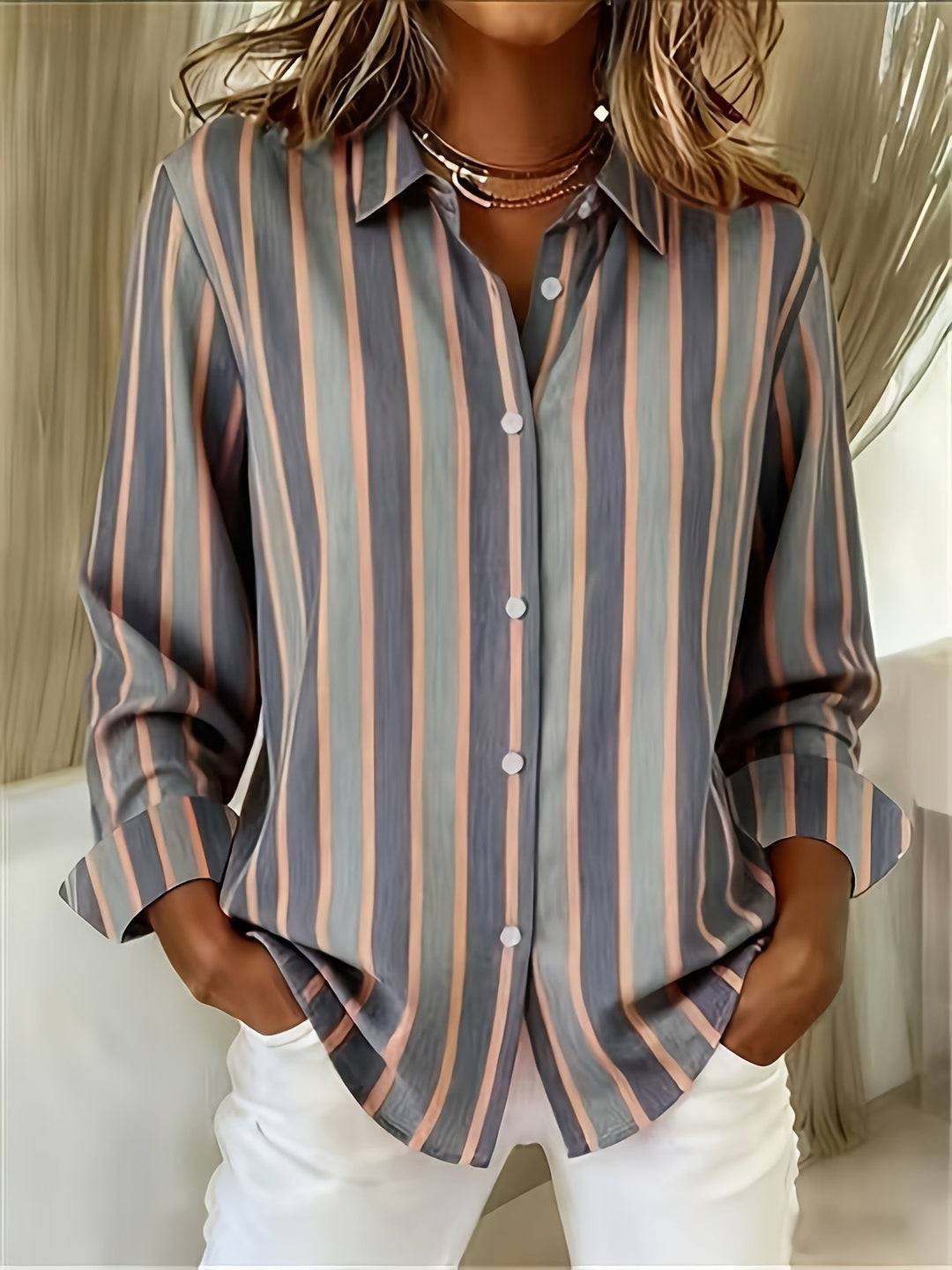 Women's Striped Long Sleeve Button-Up Casual Fit Shirt