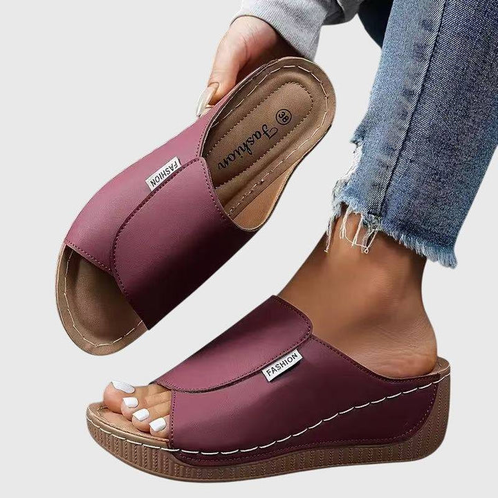 Esther™ orthopaedic wedge sandals from Emma & Rose Cape Town featuring beige straps and cushioned footbed for support.