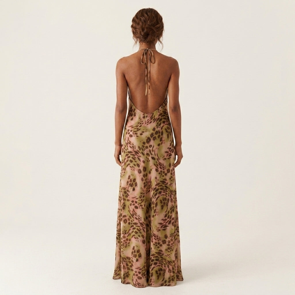 Animal Print Halter Maxi Dress Evening Occasion Outfit