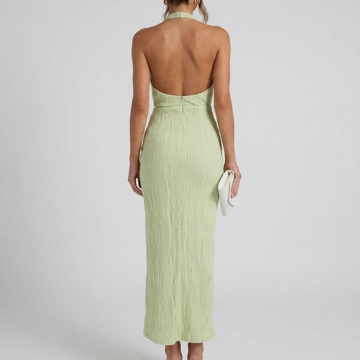 Backless Midi Dress Pleated Neckline Slim Fit Wedding Party