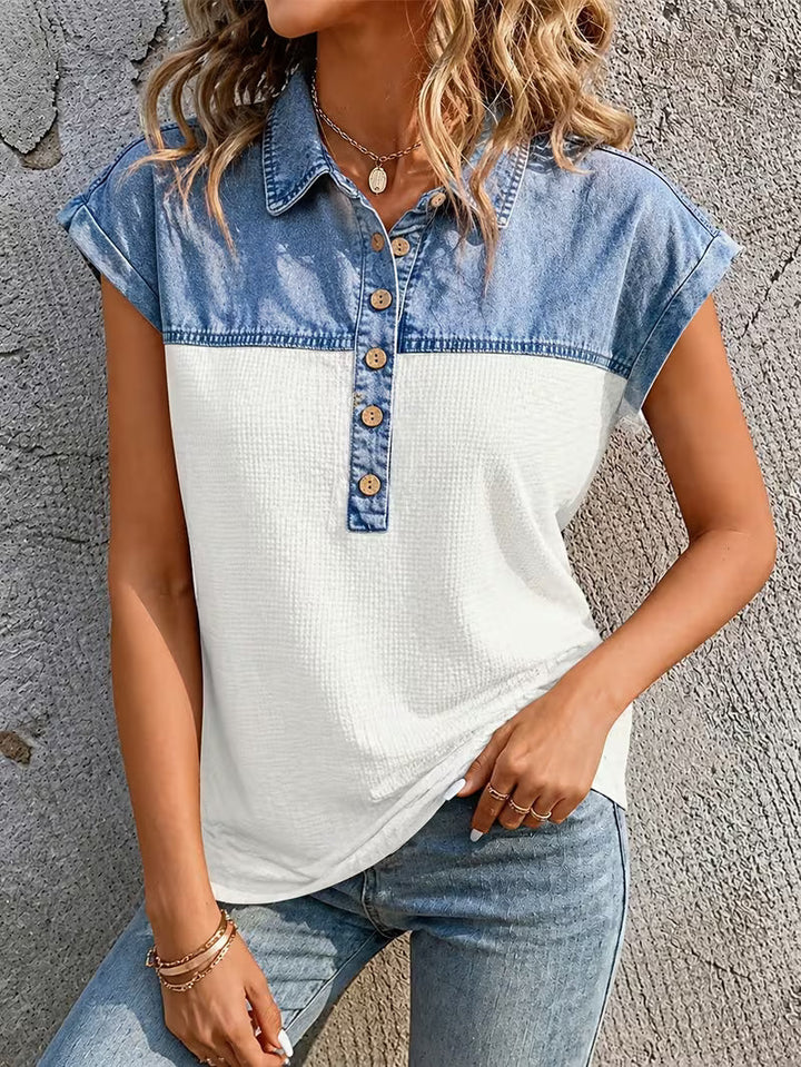 Haily Casual Denim Top with Patchwork Collar and Short Sleeves, view 6 - Elena Harper