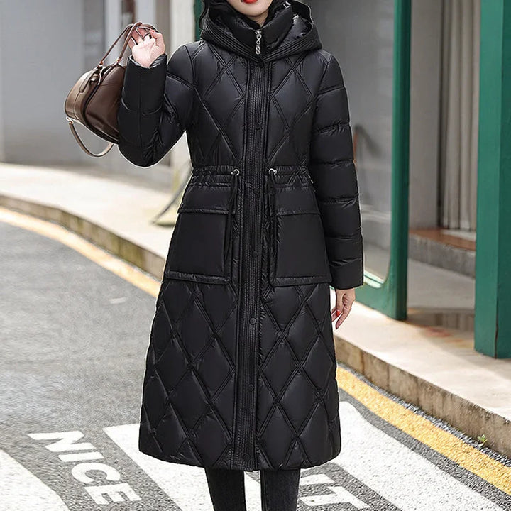 Long A-Line Quilted Winter Coat for Women – Comfortable Zip-Up Down Jacket