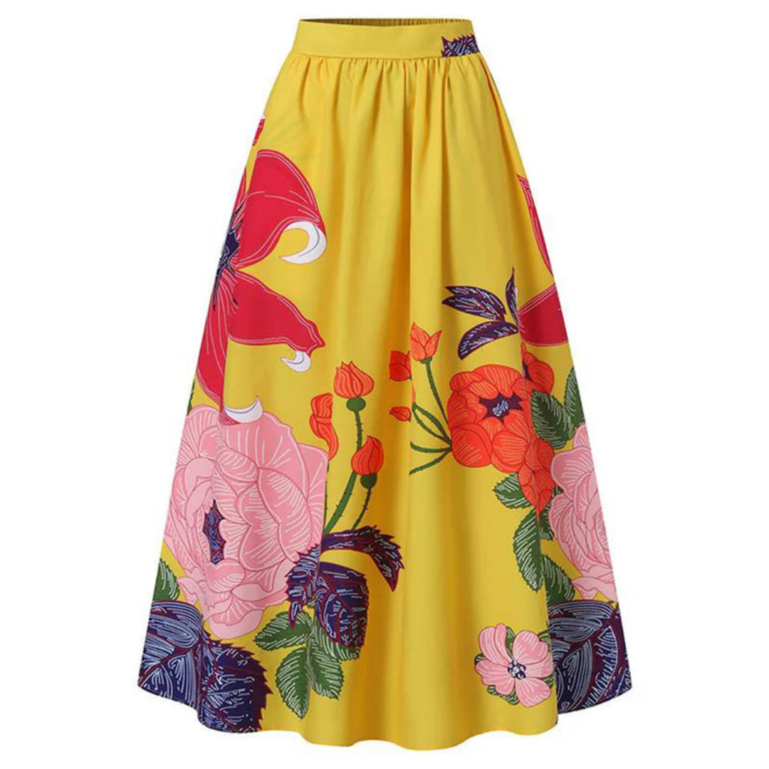 Women's maxi skirt with floral print, high-waisted and elegant