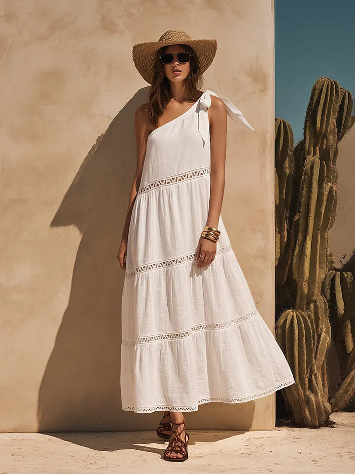 Bohemian One-Shoulder White Cotton-Linen Maxi Dress