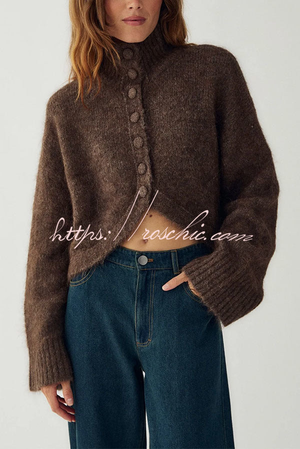 Martina Solid Color Knit High Neck Button Long Sleeve Wave Hem Crop Cardigan