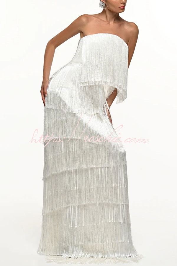Party Queen Layered Tassel Design Off Shoulder Back Tie-up Maxi Dress (Shipped Within 24 Hours)