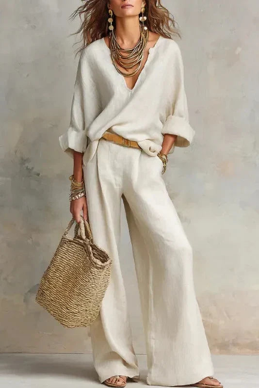 Fluid Women's Ensemble with V-Neck and Wide Pants