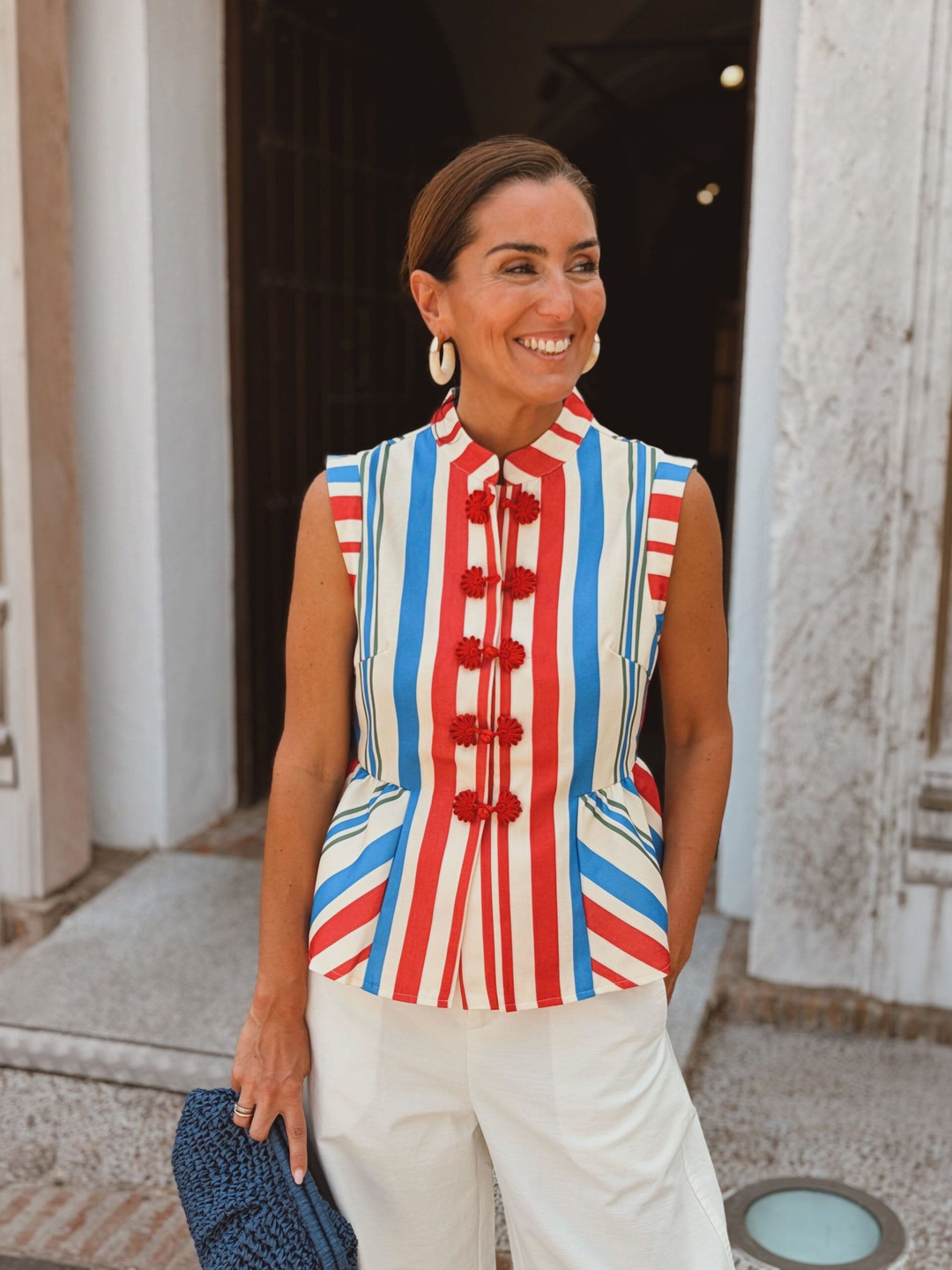 Red Blue White Stripe Mandarin Collar Vest Top