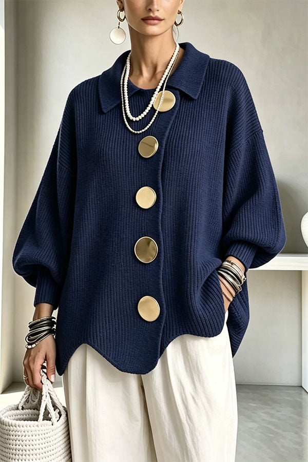 Shelia Knit Oversized Metal Buckle Balloon Sleeve Lapel Cardigan (Shipped Within 24 Hours)