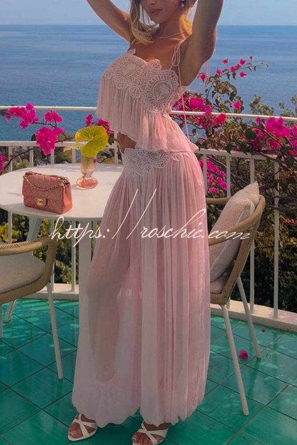 Dreamy Crinkle Chiffon Lace Trim Tank and High Rise Loose Lantern Pants Set