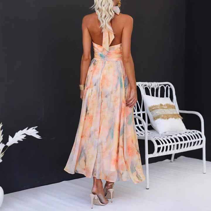 Women's Long Vacation Style Sleeveless Dress with Print and Open Back – Polyester Blend
