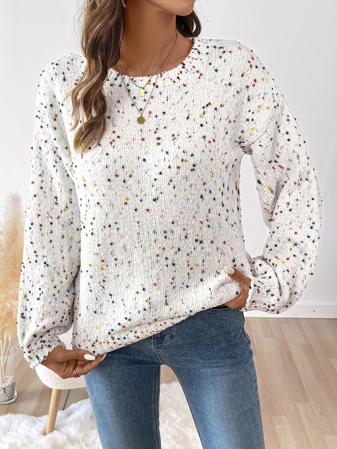 Sylvia Speckled Round Neck Sweater, view 2 - Elena Harper