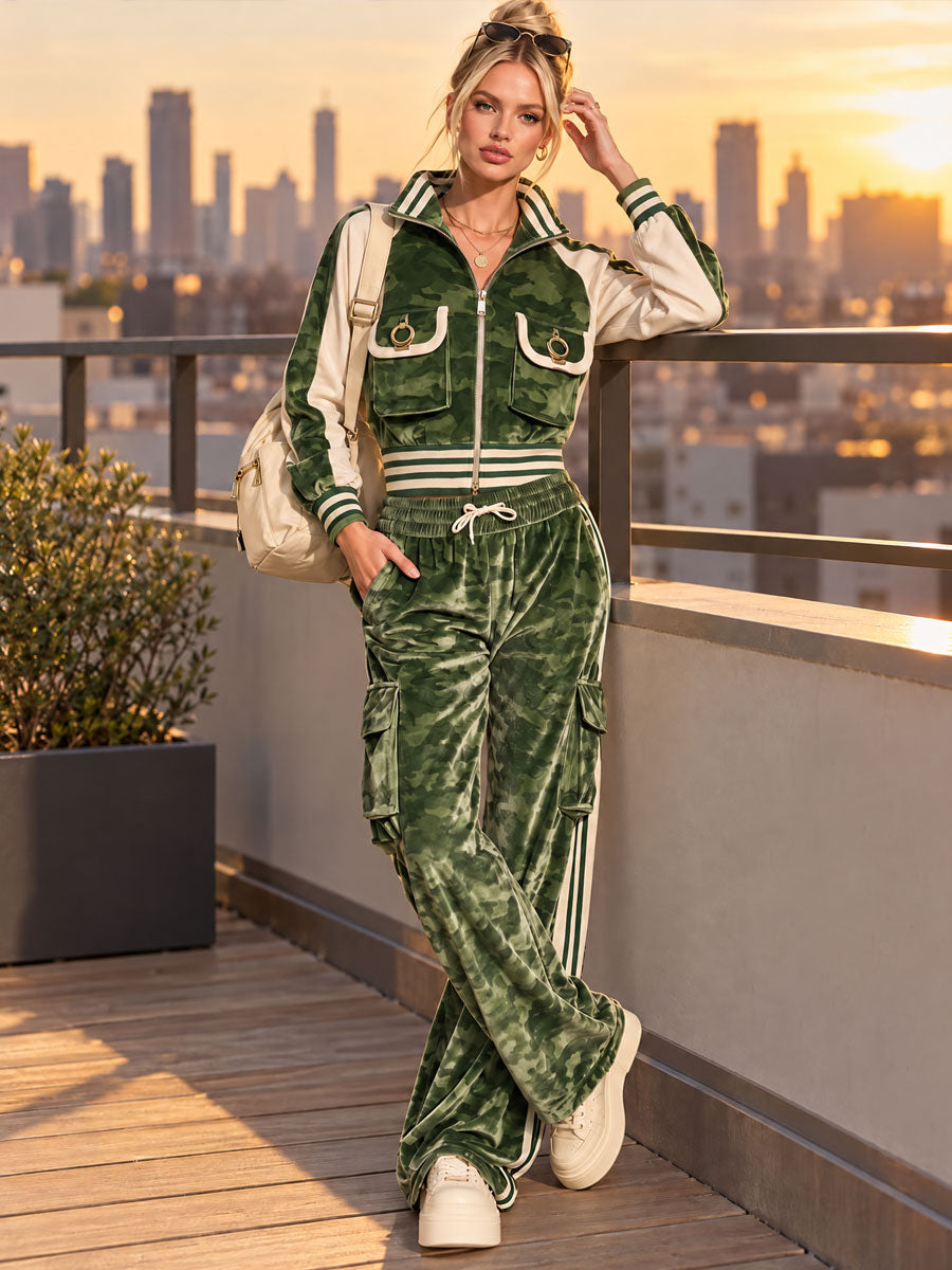 Stylish Retro Green Camouflage Velvet Print Jacket And Pants Set, view 3 - Elena Harper