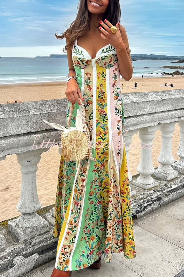 Sweet Garden Linen Blend Color Block Floral Paneled Maxi Dress