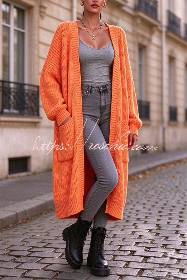 Trendy Thick Knit Open Front Long Sleeve Pocket Oversized Midi Cardigan