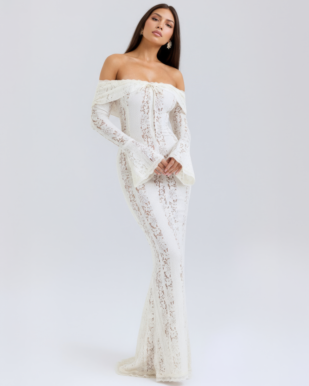 Women's Elegant Off-Shoulder Floral Lace Maxi Dress