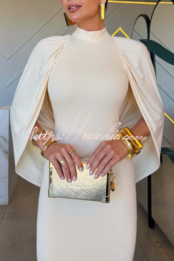 Mermaid High Neck Cape Sleeve Drape Open Back Evening Gown Maxi Dress
