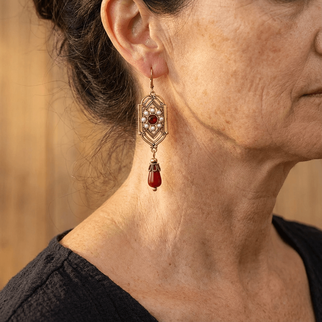 Art Deco Gold Garnet & Pearl Drop Earrings - Elena Harper