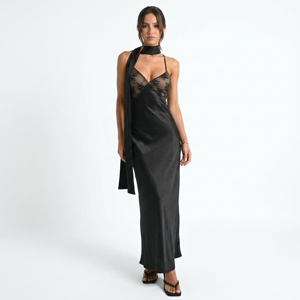 Black Cowl-Neck Wedding Guest Evening Dress