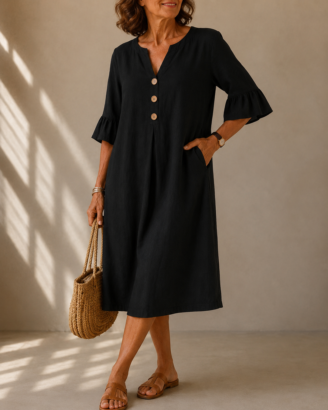 Corinne™ | Belly-Covering Midi Dress with Buttons