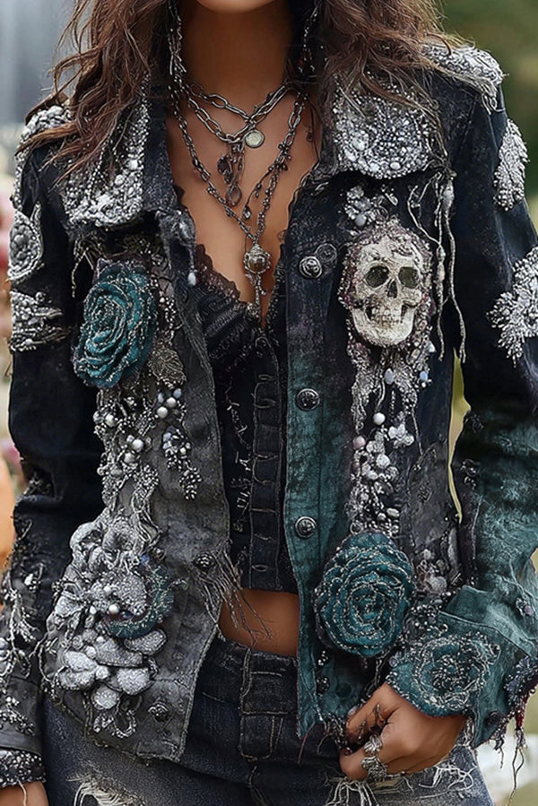 Unique Printed Lapel Long-sleeved Personalized Denim Jacket
