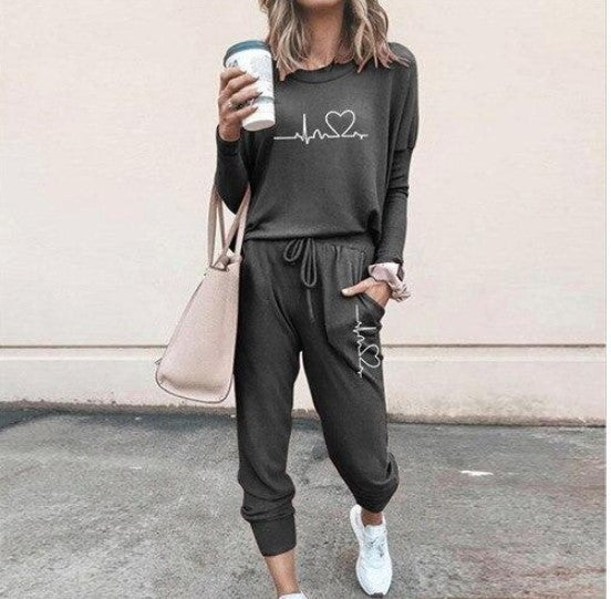 Casual Two-Piece Set for Women with Long Sleeves – Pullover Top and Drawstring Pants