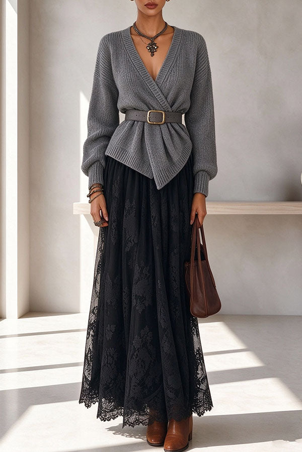 Exquisite Lace High Rise Elastic Waist A-line Maxi Skirt