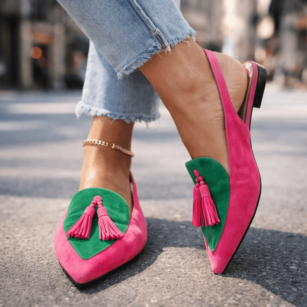 Elegant Bicolor Women's Mules with Trendy Pom Poms, view 9 - Elena Harper