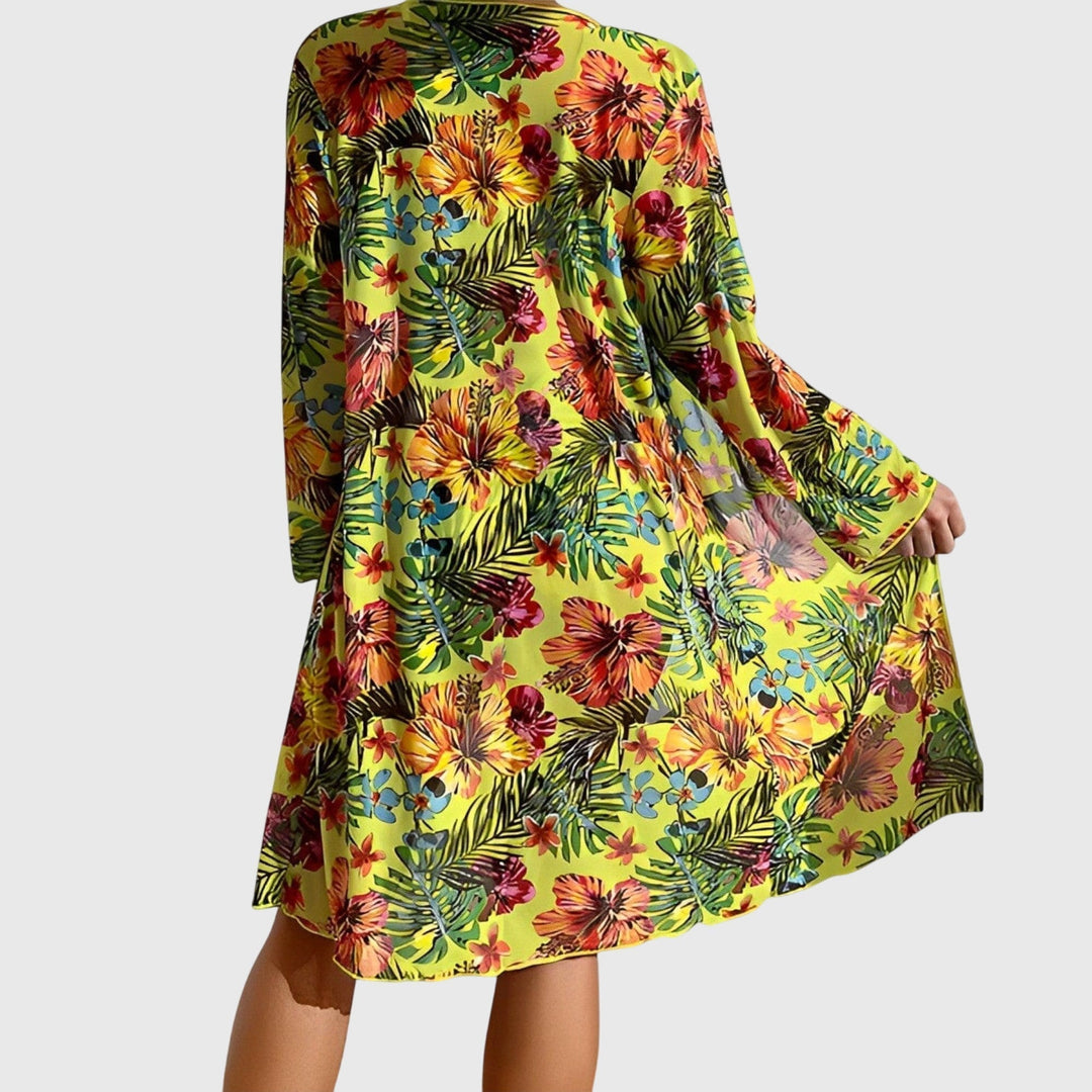 Three-Piece Women's Bikini Tropical Print Knotted Top Matching Kimono