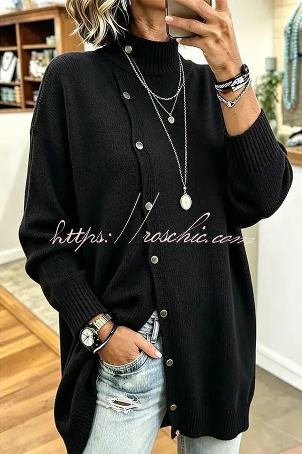 Warm Season Knit Turtleneck Button-down Long Sleeve Loose Sweater