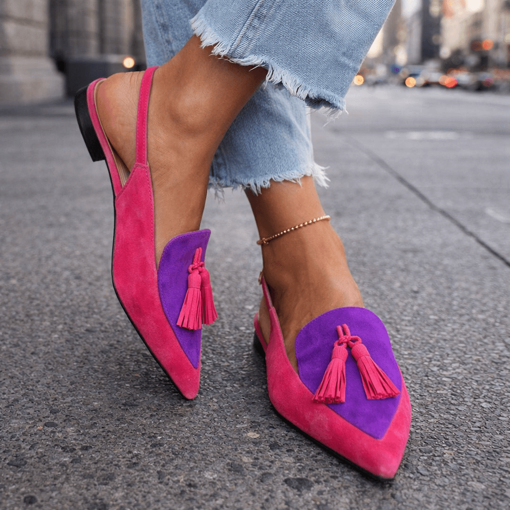 Elegant Bicolor Women's Mules with Trendy Pom Poms, view 2 - Elena Harper