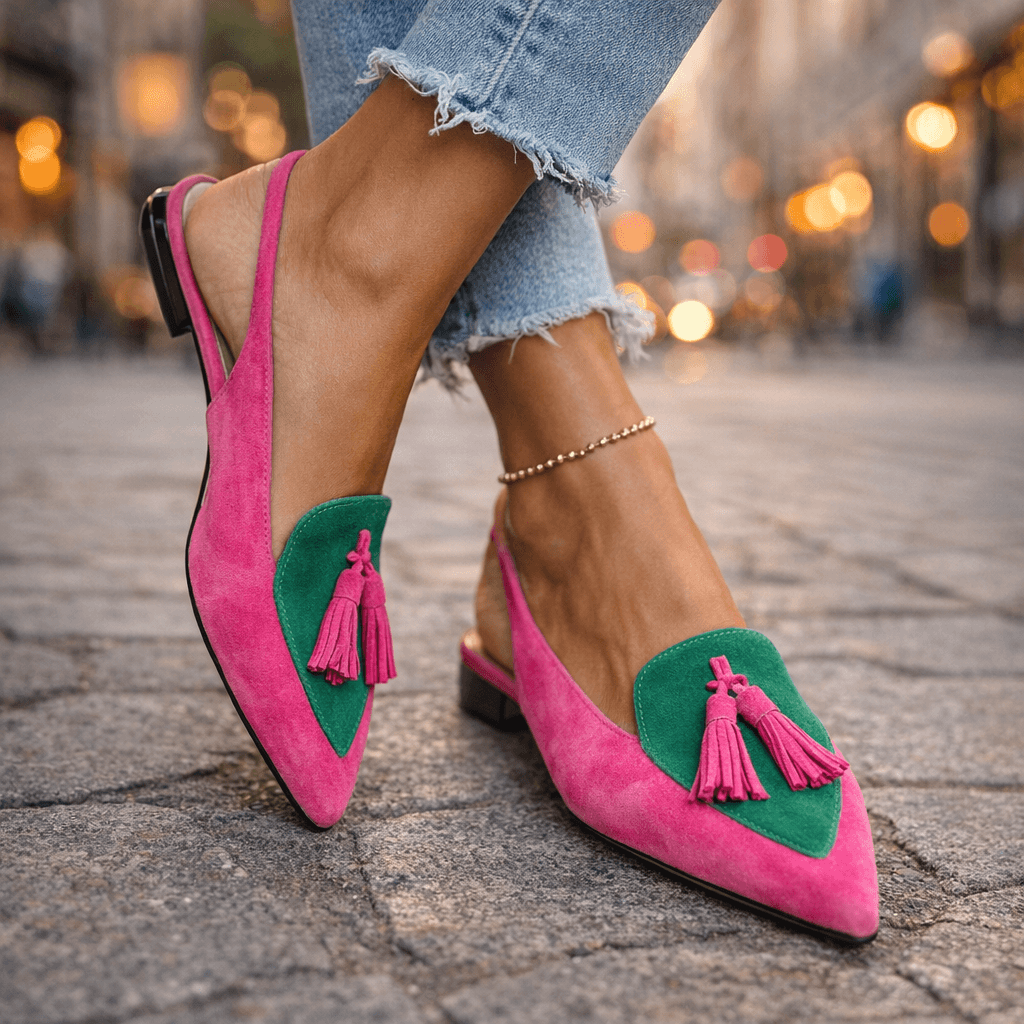 Elegant Bicolor Women's Mules with Trendy Pom Poms - Elena Harper