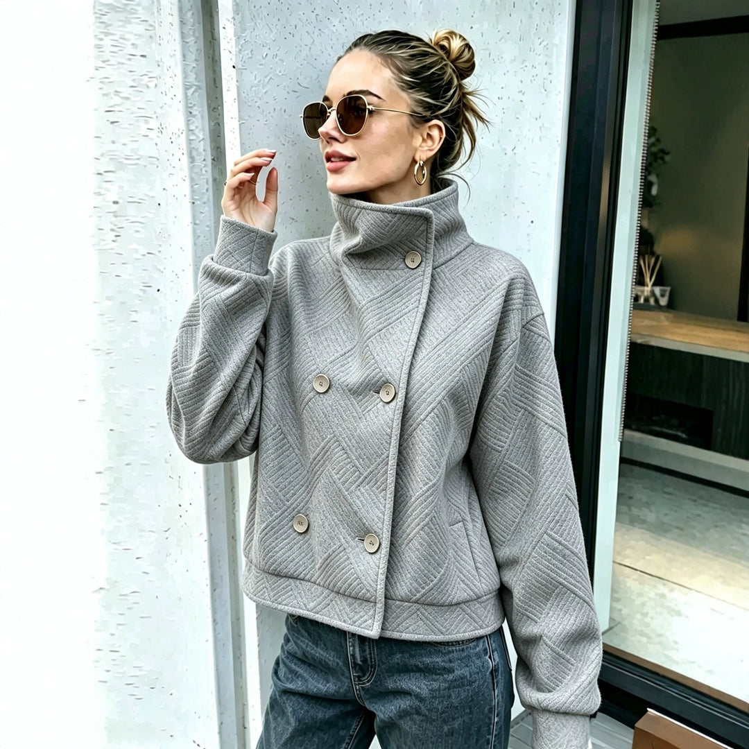 Double-breasted women's coat with high collar - Elegant and warm