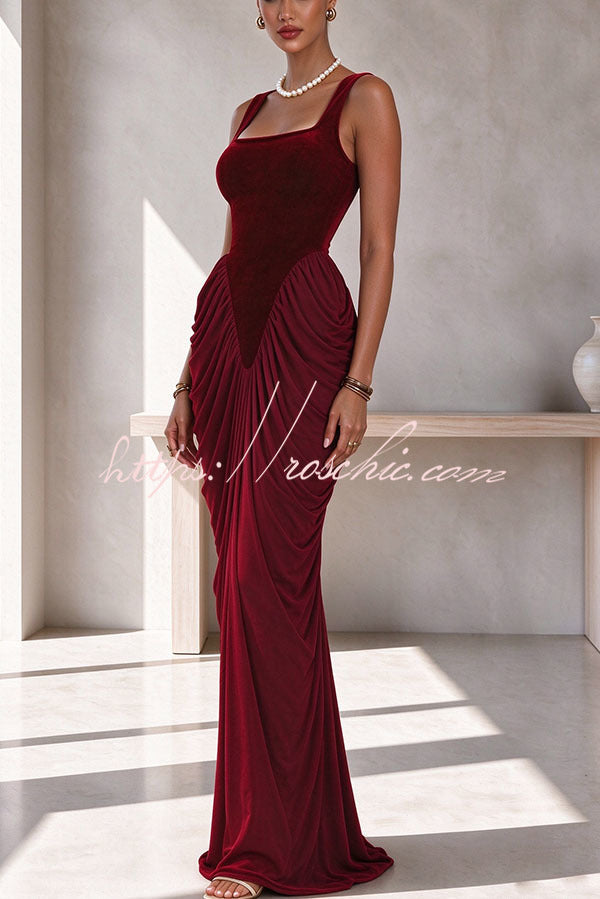 Eira Velvet Square Neck Ruched Drape Hem Maxi Dress