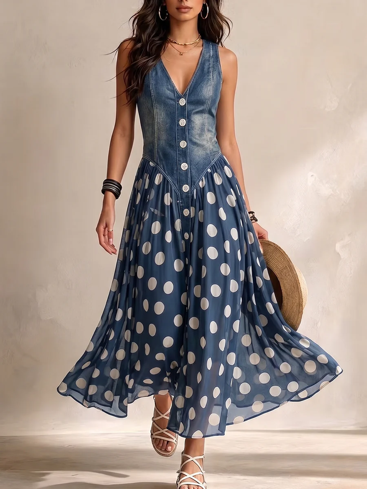 Long women's dress with denim effect and fluid polka dot skirt