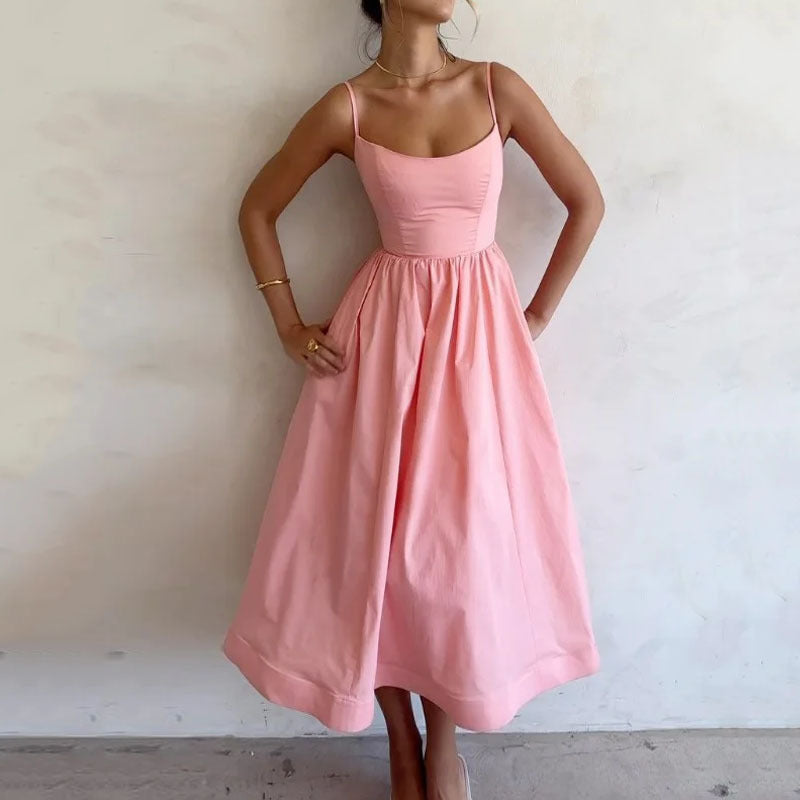 Women's Summer Solid Color Dress with Thin Straps and A-Line Skirt