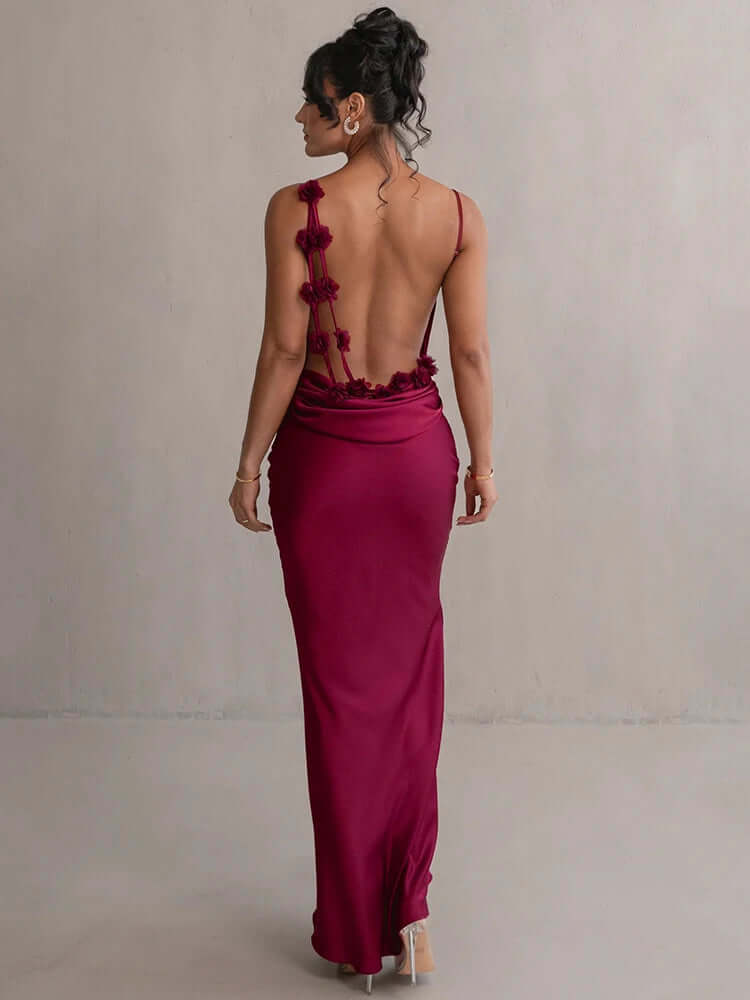 Satin Backless Floral Appliqué Evening Gown