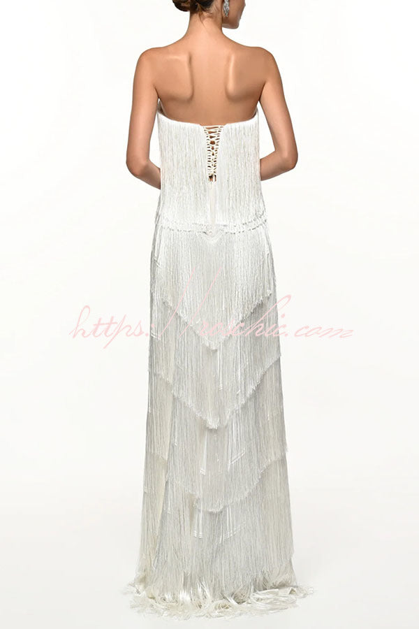 Party Queen Layered Tassel Design Off Shoulder Back Tie-up Maxi Dress (Shipped Within 24 Hours)