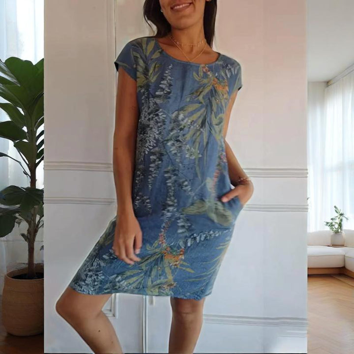 Teres Round Neck Dress with Botanical Print, view 4 - Elena Harper